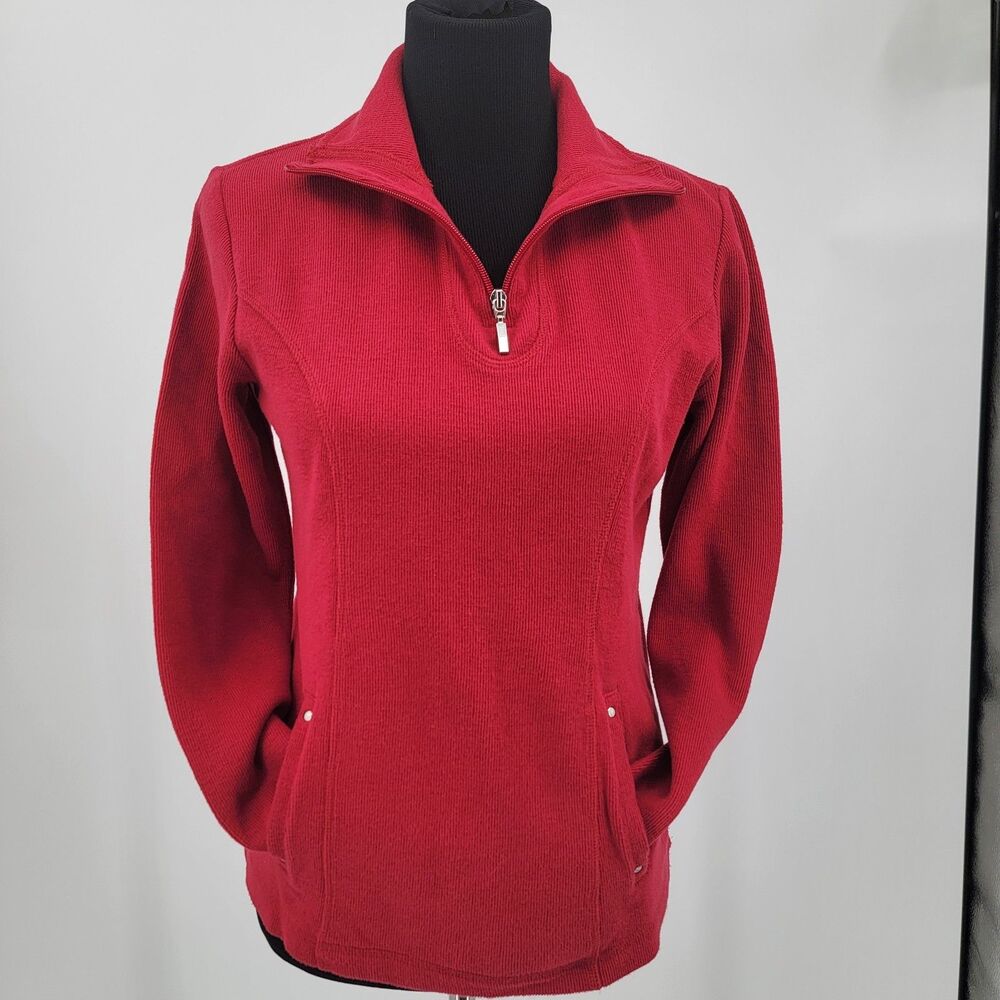 Karen Scott Womens S Red 1/4 Zip Long Sleeve Cotton Blend Pockets Pullover Shirt